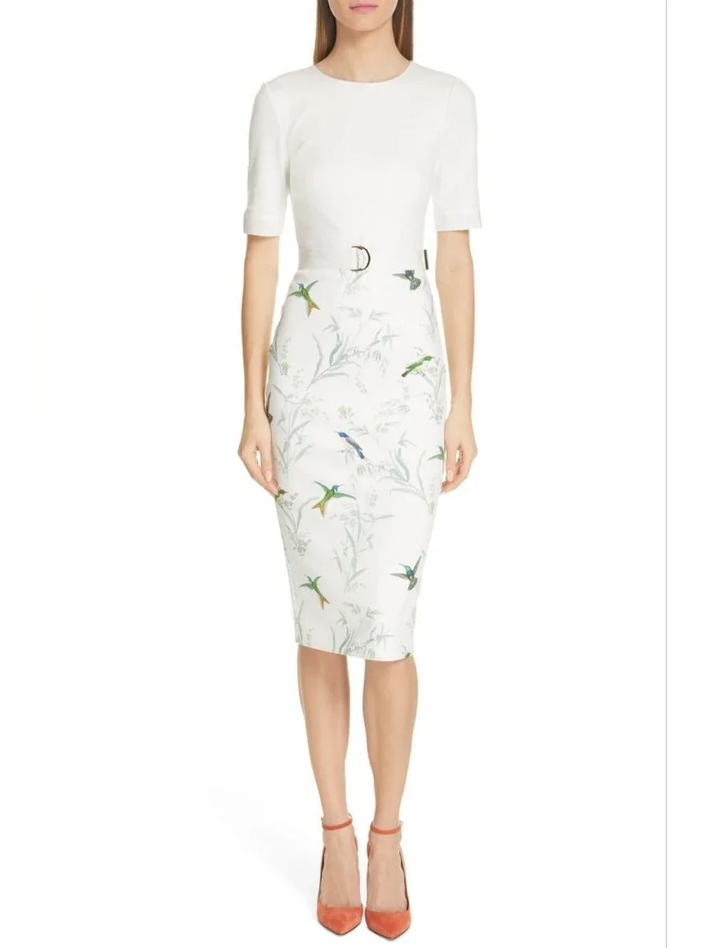 Ted Baker Kinnya Floral Bird Belted Bodycon Sheath Dress Knee Length Size 4 Glam - Picture 2 of 12